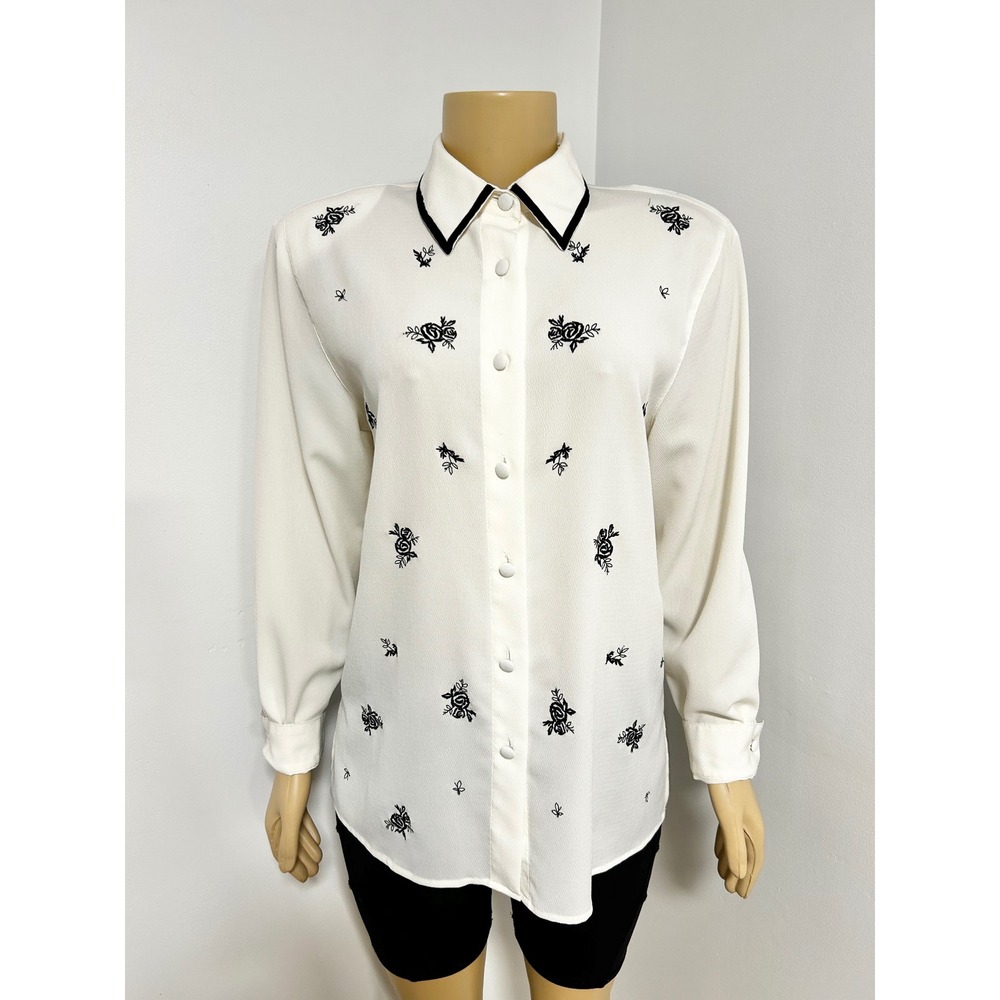 Alfred Dunner White Black Floral Embroidered Button Up Blouse Vintage Size L 10